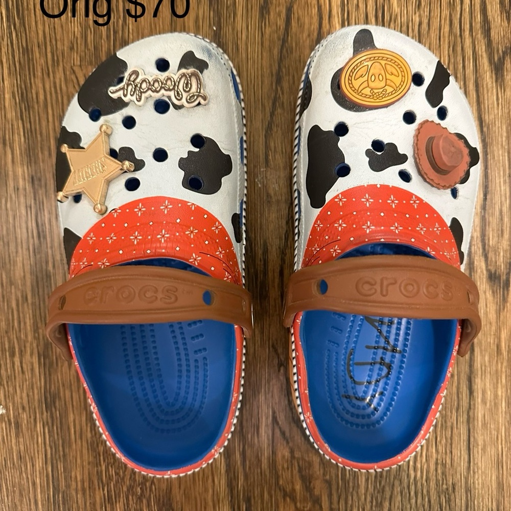 CROCS Kids' White and Black Sandals with Red and Brown Accents